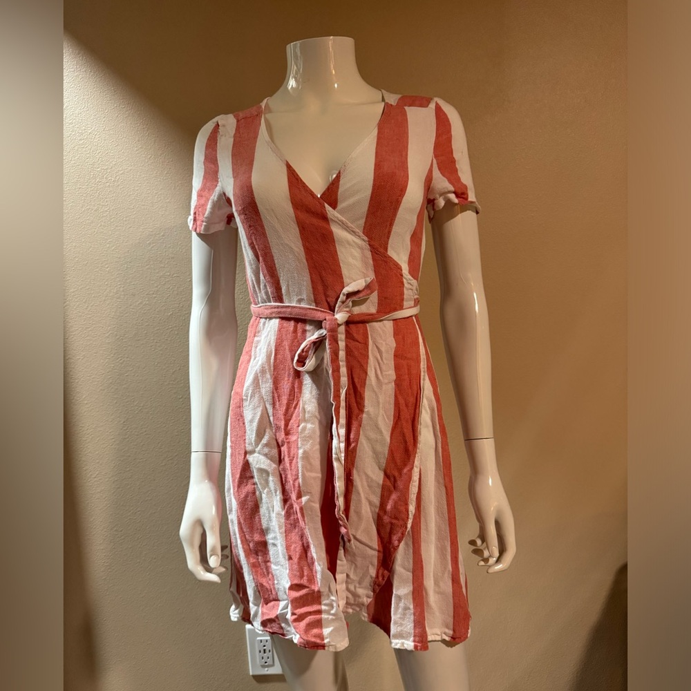 MARINE LAYER NWOT Frances Red & White Striped Linen Tencel True Wrap Dress